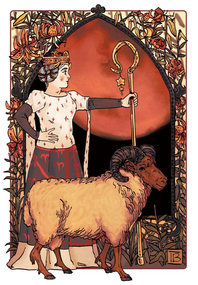 An illustration based around the zodiac sign Aries. A woman in medieval dress stands in profile with one hand on her hip & the other outstretched holding a golden shepherd’s crook with two little stars hanging off the end. She is of a fair complexion with white hair tied up with red ribbons to resemble ram horns with golden tips. The top half of her cotehardie is white with red stars patterning and hanging sleeves with long dark sleeves underneath. The bottom is black bordered and partitioned with jagged red lines with a pattern of the Aries symbol in red. In front of her is a golden and brown ram with blue eyes. They stand in front of a wrought iron gothic arch within which is a view of the planet Mars; to the sides and behind this are growing copious orange tiger-lilies.