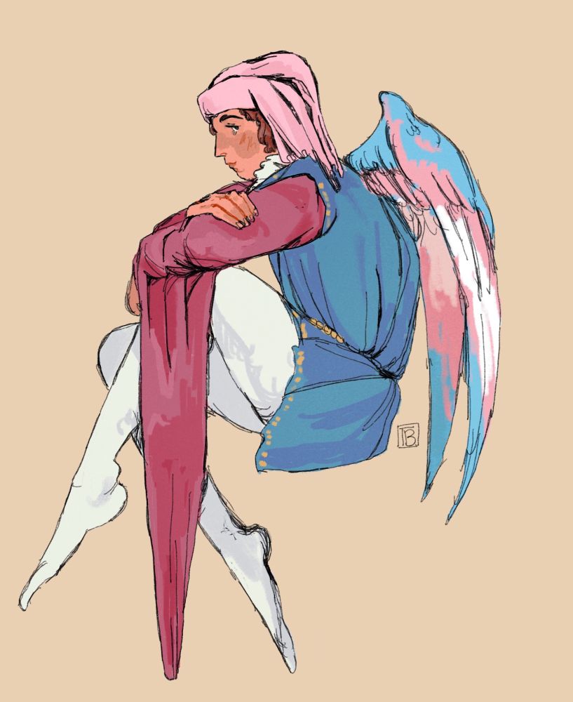 An illustration of an angel in pink, white and pale blue medieval dress in profile. They have one knee up, and are resting their elbows on them while looking at the viewer. Their wings are patterned after the trans flag.