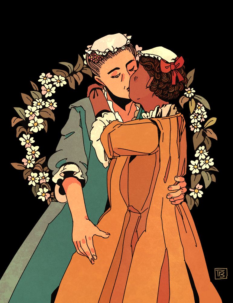 Two women in 1720s feminine dress embrace and kiss. One is white with a teal gown with one arm on her partner's back & the other is brown skinned with a mustard gown, her arms draped around her lover's neck.
The background is a wreath of small white flowers & leaves on a black backdrop.