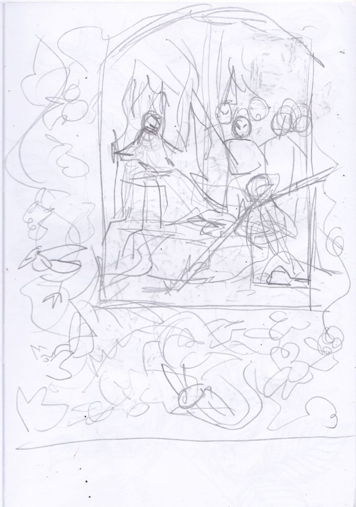 A scribbly thumbnail sketch in pencil of the concept for the composition of the Briar Queen illustration.