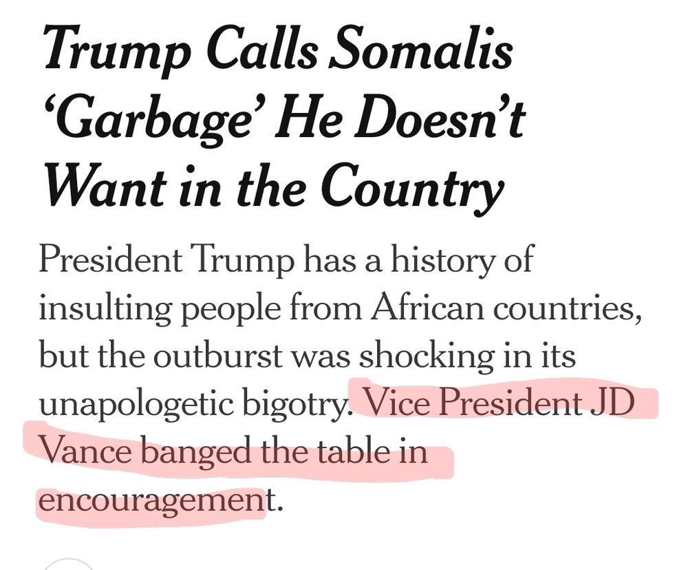 Trump Calls Somalis 'Garbage' He Doesn't Want in the Country

President Trump has a history of insulting people from African countries, but the outburst was shocking in its unapologetic bigotry. Vice President JD Vance banged the table in
encouragement.