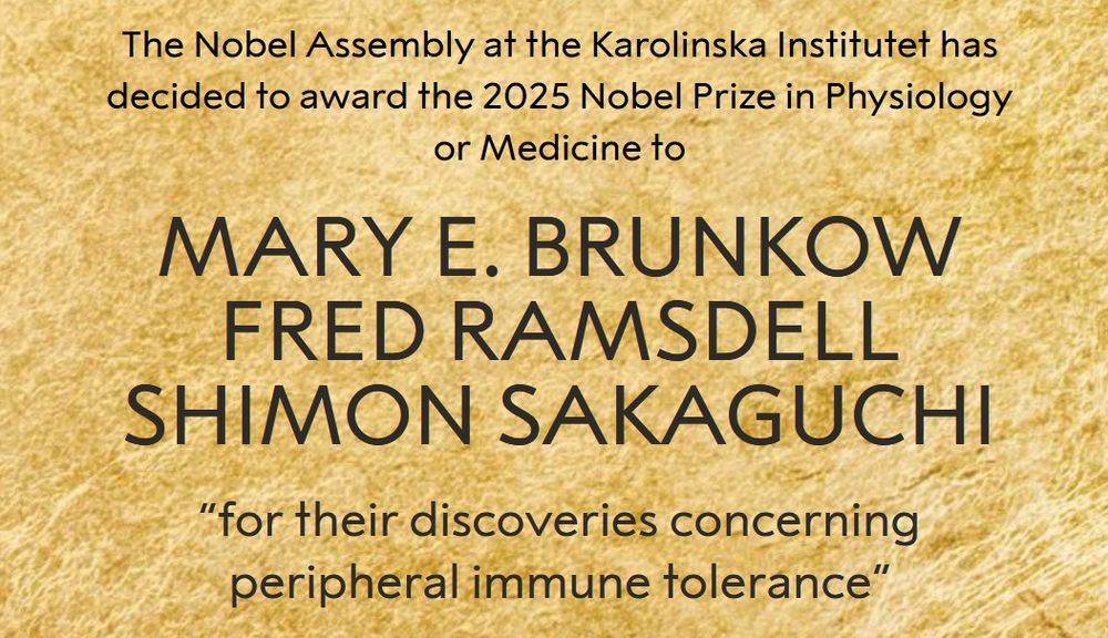 
The Nobel Assembly at the Karolinska Institutet has decided to award the 2025 Nobel Prize in Physiology or Medicine to
Mary E. Brunkow
Fred Ramsdell
Shimon Sakaguchi
“for their discoveries concerning peripheral immune tolerance”
