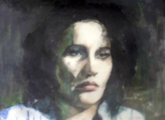 Portrait painting of Anna Göldi with deep shadows and muted colours. 