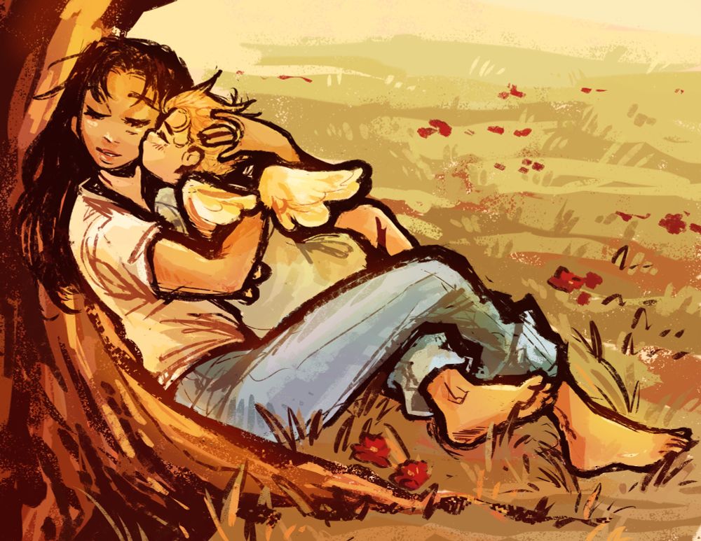 a rough painting of rem and vash styled after prosper d’epinay’s amor forgiven sculpture. they’re sitting together under a tree, rem is smiling and holding a very young vash in her arms, and vash is holding her chin to kiss her cheek.