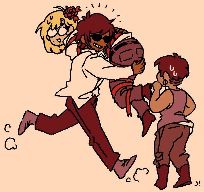 a simple drawing of post s1 era wolfwood running up to meryl with vash (as eriks) thrown over his shoulder. wolfwood has a proud grin on his face, vash is loosely bound in red ribbon with a gift bow in his hair and a bewildered expression, while meryl watches them approach with mild concern