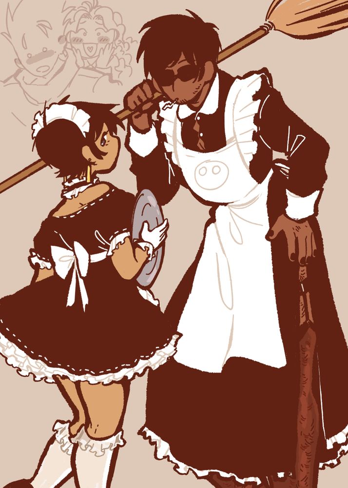 drawing of meryl and wolfwood in maid dresses. meryls dress is mid-thigh length with several petticoats, short puffy sleeves slightly off her shoulders. she’s also wearing white frilly socks, a choker, a frilly headband and white gloves. she’s carrying a serving platter under her arm.
wolfwood’s dress is mid-calf long with long sleeves and a high-thigh split revealing a garter and sheer over the knee stockings. it’s buttoned up to his neck but the buttons are straining at his chest, revealing peeks of skin. he’s also wearing a simple apron with frill details around the arm straps, and is carrying a broom slung over his shoulder.

meryl and wolfwood appear to have been having a mild conversation before being distracted by something behind meryl. faintly in the background, vash and milly are doodles reacting to meryl and ww’s outfits. vash is blushing and looking panicked while milly smiles in delight.