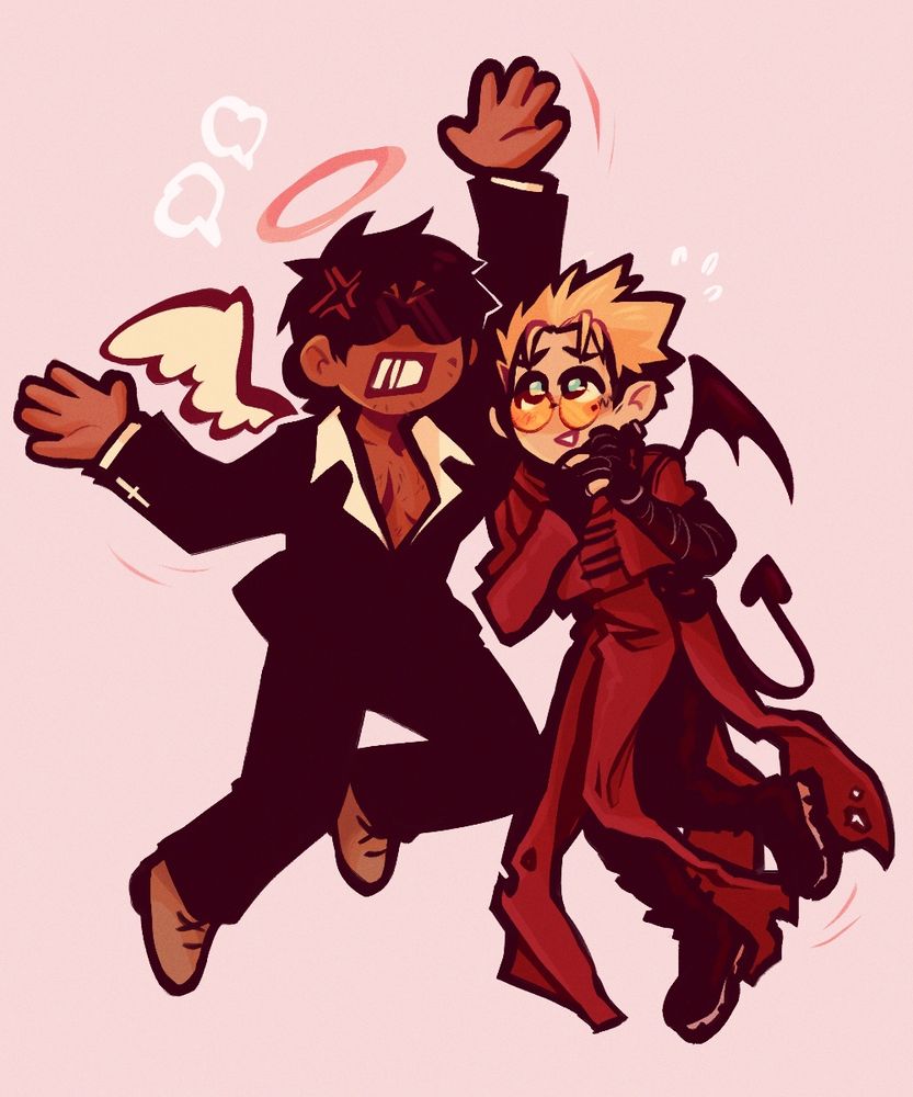 chibi drawing of wolfwood as an angel and vash as a devil. wolfwood is waving his arms with an aggravated expression, while vash poses coyly and smiles pleading