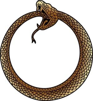 Orobouros : serpent qui avale sa queue.
Dessin d'un serpent brun avec des reflets dorés. On voit ses crochets et sa langue dans sa gueule ouverte.