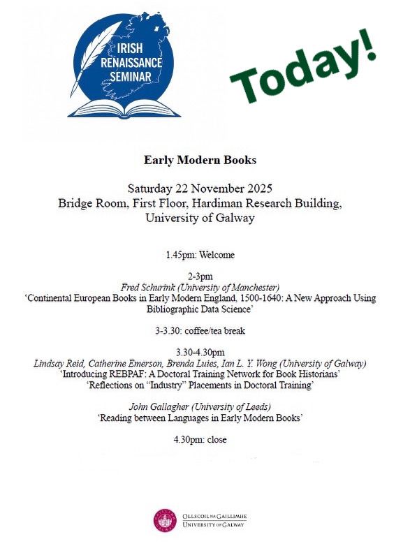 A schedule for the Irish Renaissance Seminar in the University of Galway, November 2025.