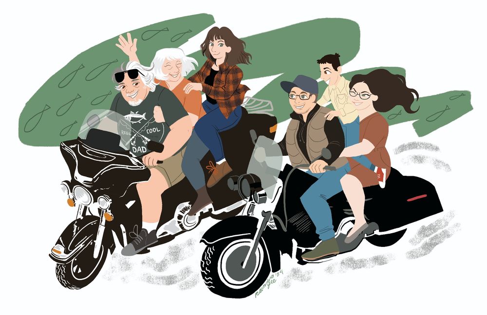 Drawing of six people on two Harley motorcycles in front of a green background by Reimena Yee. On the first bike is an older man in a "reel cool dad" shirt, an older woman waving, and a woman in a plaid shirt. The second bike has a man in a hat and vest, a woman with long hair winking, and a little boy in her lap. 