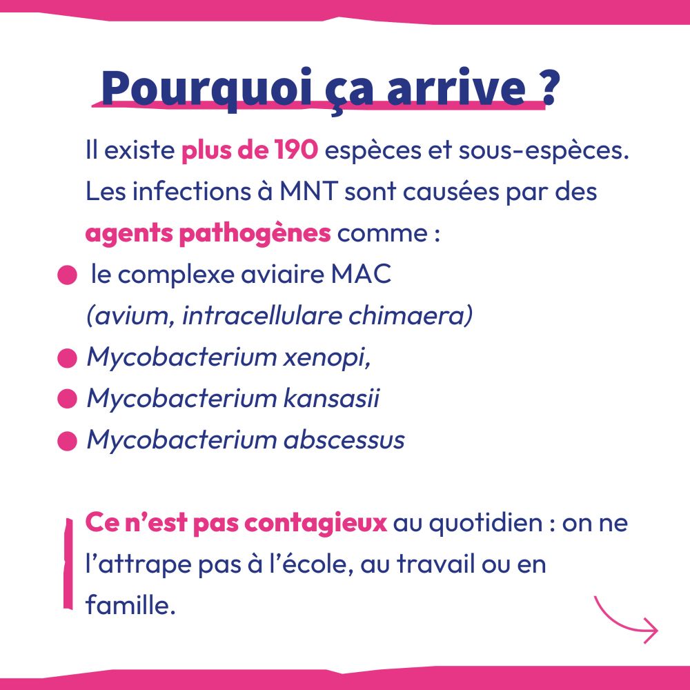 Pourquoi ça arrive ?
Il existe plus de 190 espèces et sous espèces. Elles sont causés par 4 principaux agents pathogènes : MAC, Mycobacterium xenopi, kansasii, abscessus.

Ce n'est pas contagieux au quotidien : on ne l'attrape pas à l'école, au travail ou en famille.