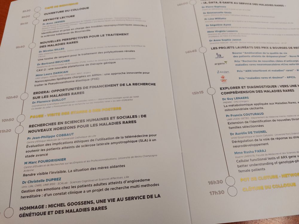 Le programme de la matinée du colloque de la Fondation Maladies Rares. Keynote, perspectives de traitements, programme européen ERDERA et sciences humaines et sociales vont se succéder.