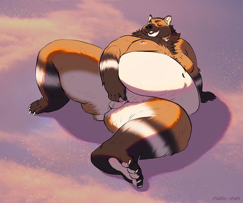 a big and soft bear-maned-wolf-hybrid touching himself. he can barely reach around his belly and his penis is nearly burried by his fupa yet the smile on his face tells us that's exactly how he likes it