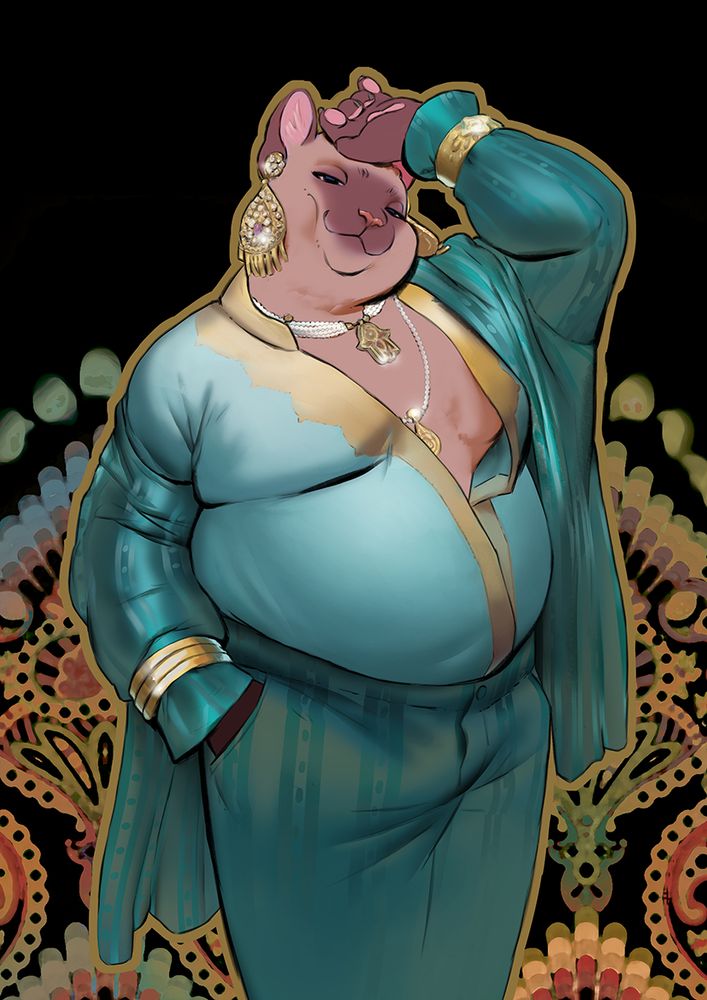 portrait of a fat anthro cat with siamese points and a very fancy mint and turquoise outfit with huge golden jewelry