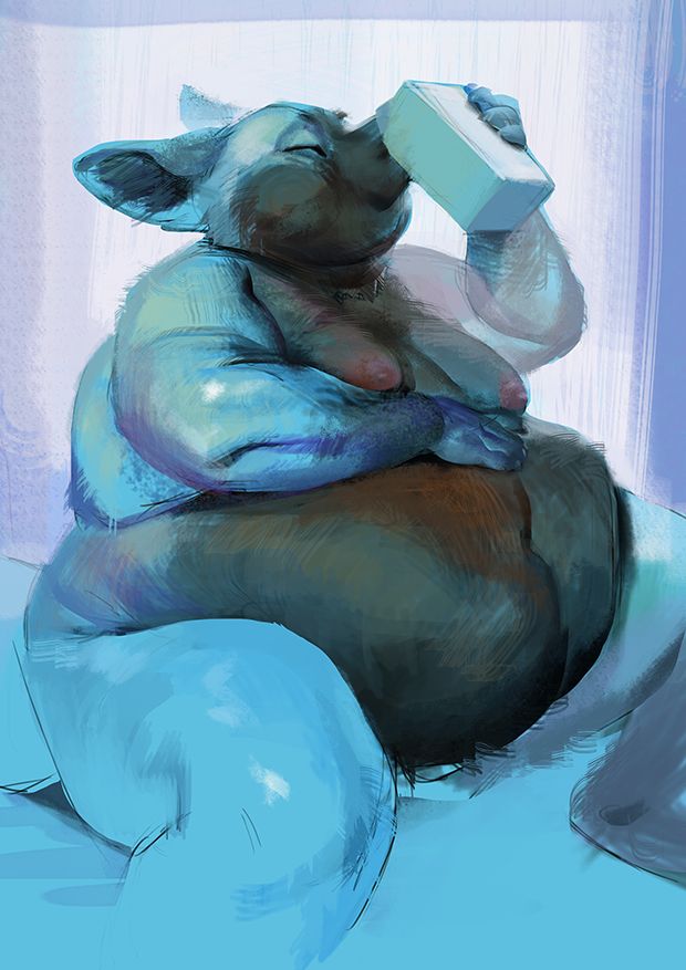 a big blue fennec fox furry drinking from a milk carton