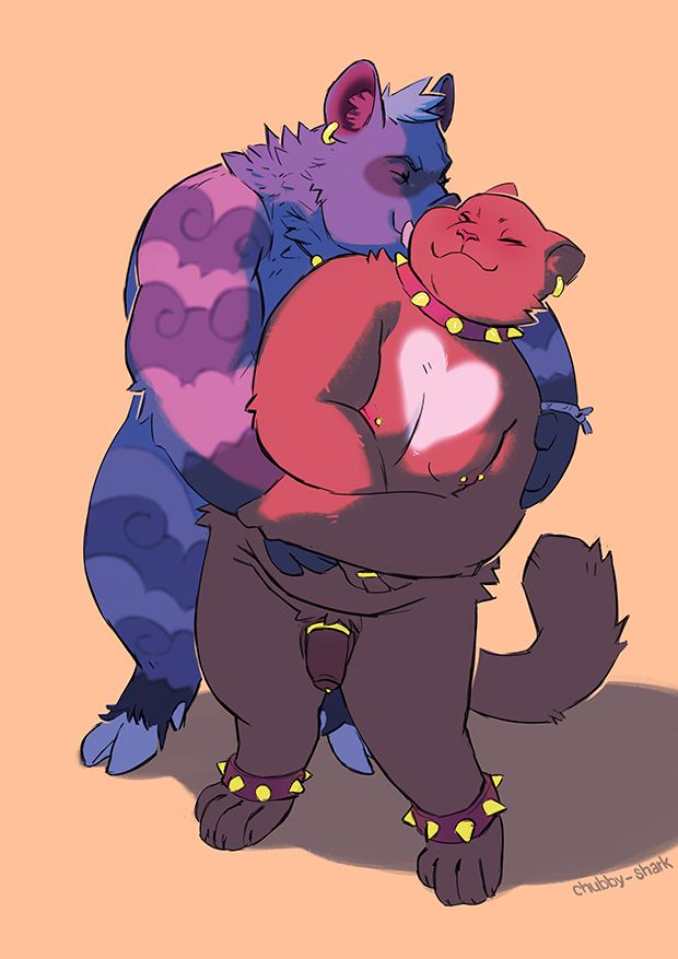 a boar furry who hugs and kisses a cat furry. they are both wide and chonky and naked, and the cat is wearing a lot of golden jewelry and a necklace and matching bracelets in dark red leather with golden spikes.