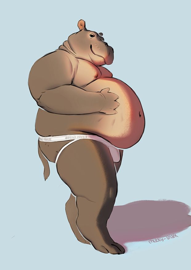 a hippo furry in a jockstrap, who's got both his hands on his belly and shakes it with a grin towards the viewer