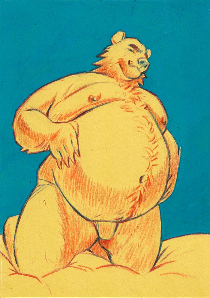 a posca drawing of a fat bear furry, wearing nothing but a jockstrap showing off proudly his really round, overhanging belly