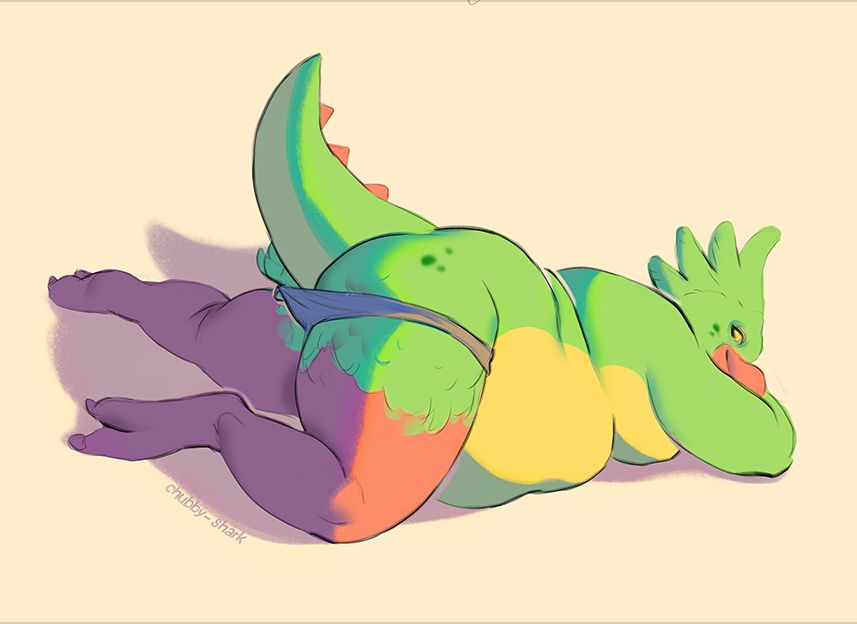 a dragon bird hybrid furry lounging on his belly in nothing but underwear