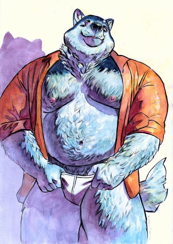water color painting of a furry wolf or husky. he's blue and puple and very big and muscular.