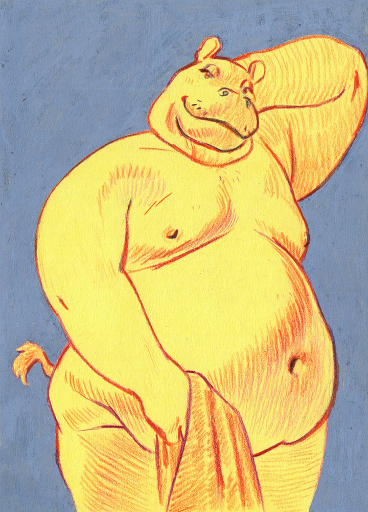 sketch of a chubby hippo with a towel 