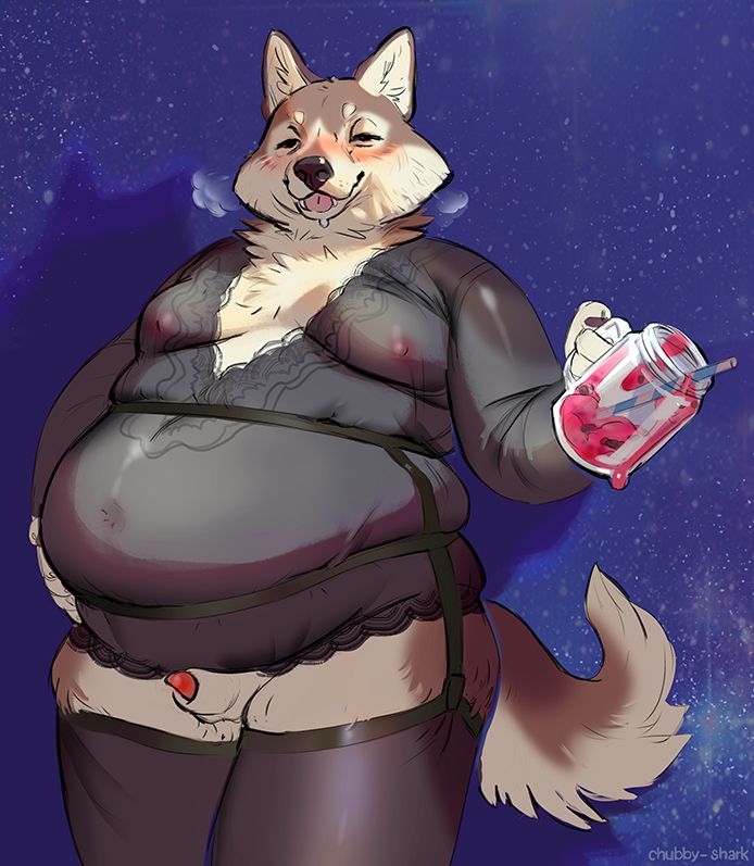 a wolf furry with an empty milkshake in their hand, huffing and puffing, milk dripping down their maw. they're stuffed into really tight lingerie with a garter belt squishing their ample belly