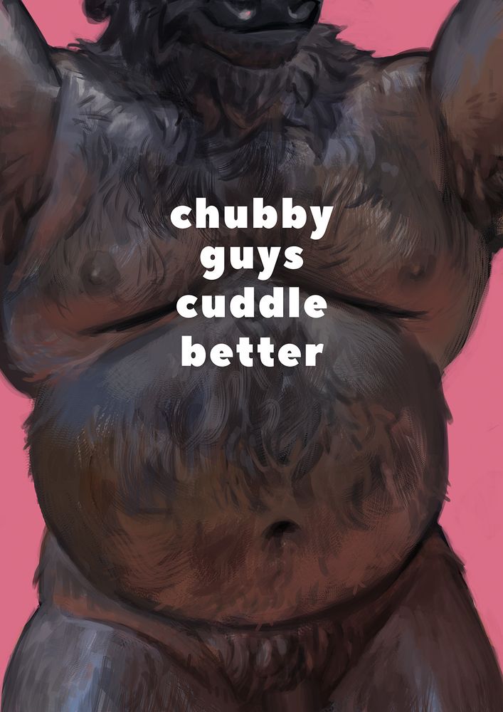 a chubby and muscular furry boy with overlay text: "Chubby Guys Cuddle Better"
