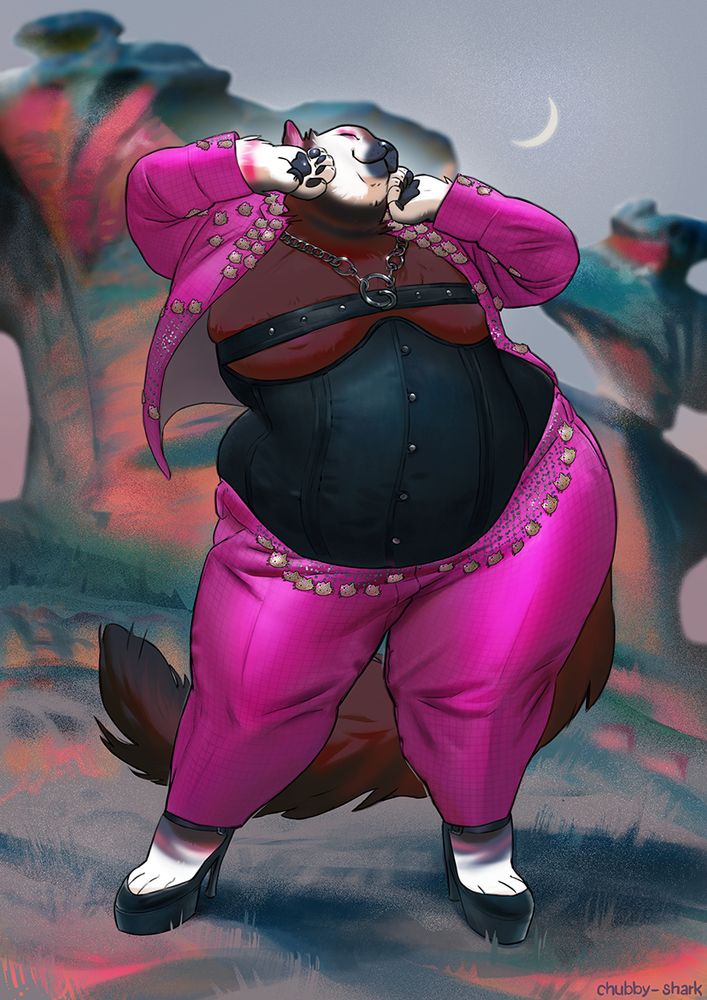 a cat furry posing. they have the markings of an okapi, wear a pink suit with a black bodice underneath and black pumps, and strike a pose like it's a fashion photoshoot