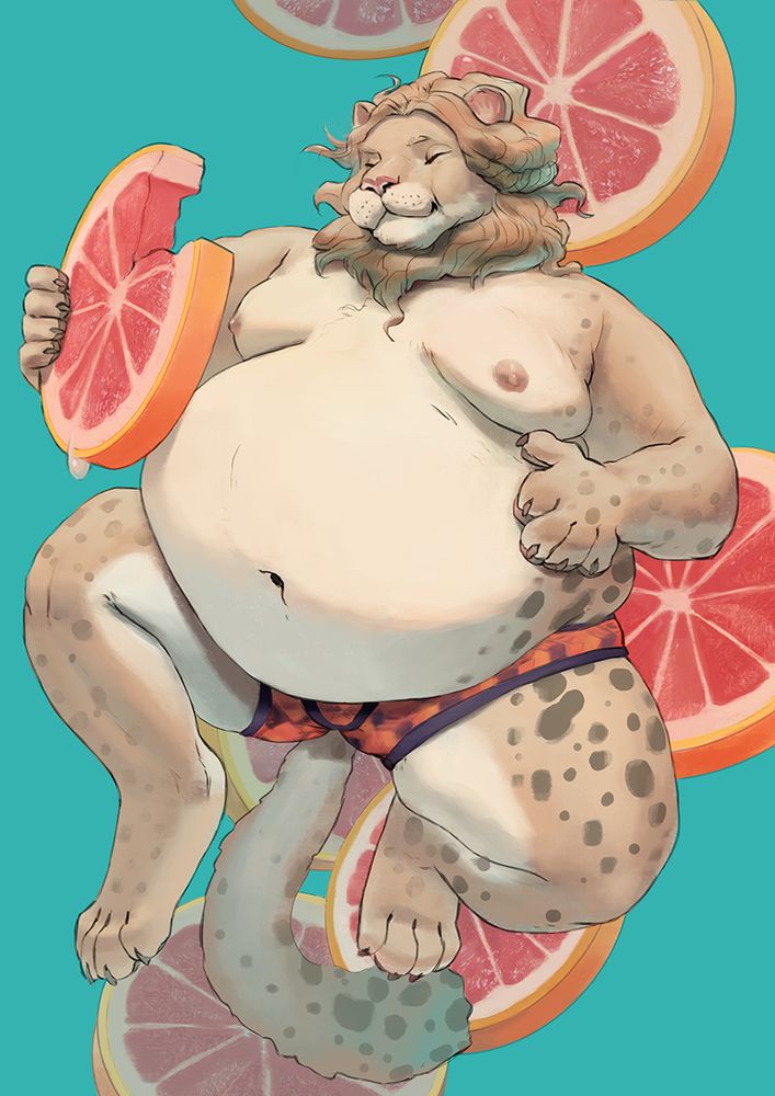 a lion furry with snow leopard spots floating around giant grapefruit slices, he had grabbed one and took a bite out of it and rubs his big, fluffy belly