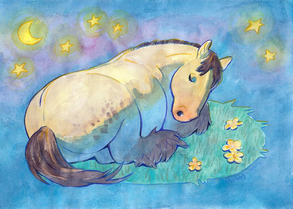 water color drawing of a sleeping horse. it's a belgian draft horse with sturdy legs, a thick body and soft curves. it's sleeping on a bed of yellow flowers and under a calm, star-lit sky.
