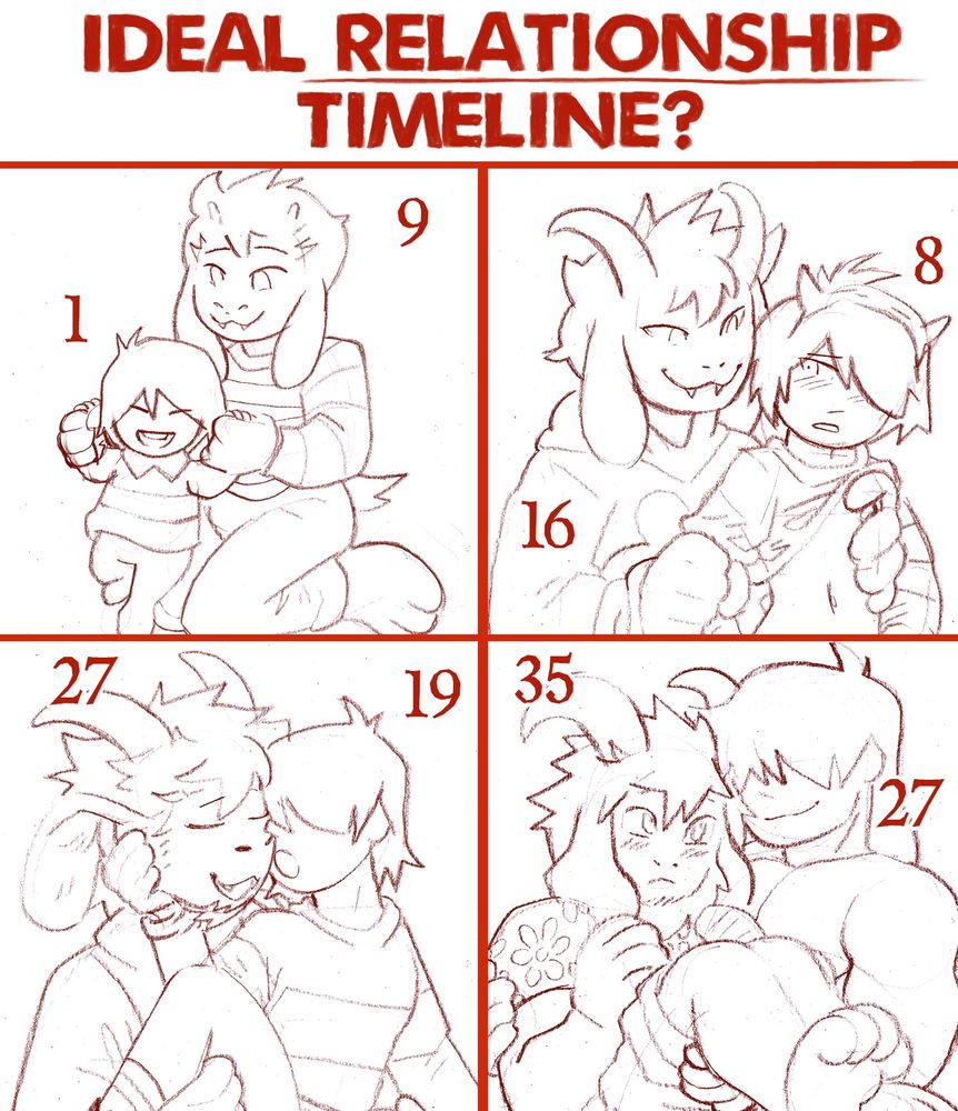 Sketches of Kris and Asriel Dreemurr through the ages. Some are suggestive, but none are outright explicit.