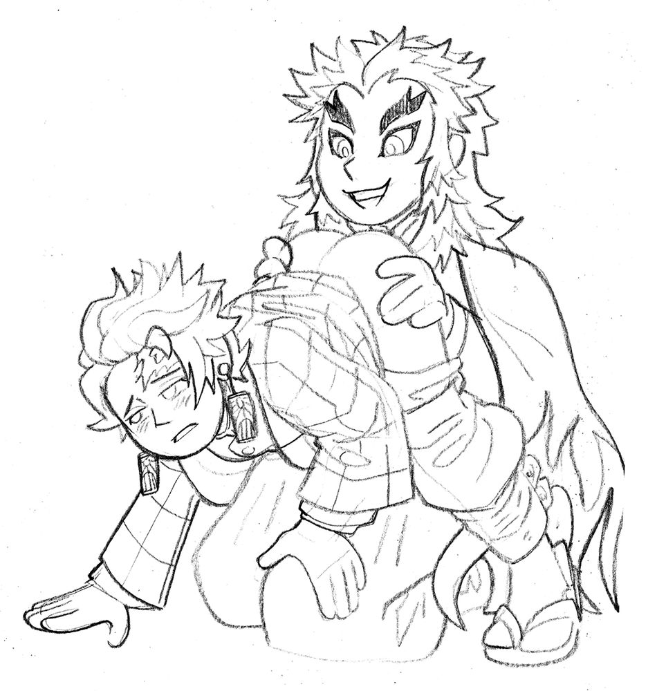 Demon Slayers characters. Rengoku is sitting with Tanjiro positioned in front of him, displaying his ass for a tasty meal.