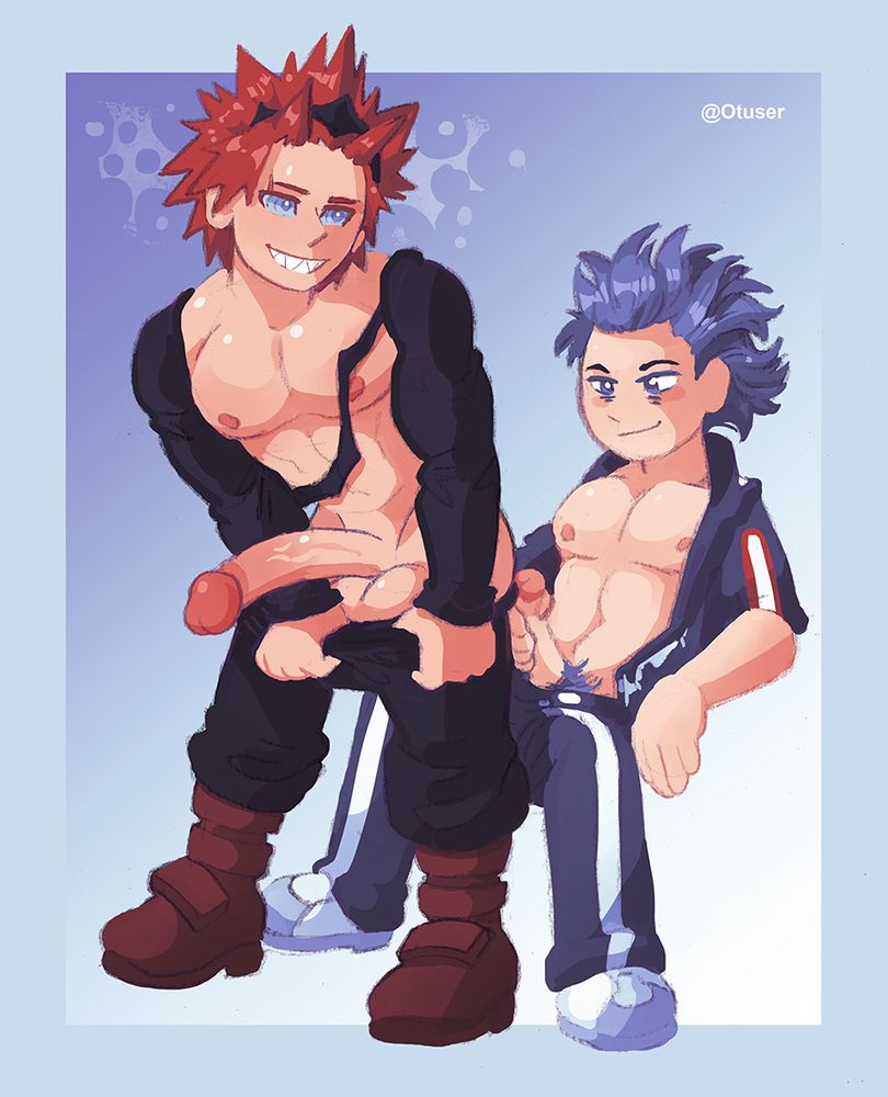 My Hero Academia characters. A mind-controlled Eijiro Kirishima is stripping in front of Hitoshi Shinso.