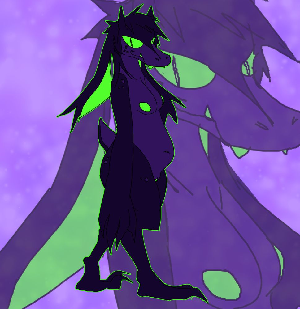 Purple and neon green anthro dragon, nude, smirking at the viewer.