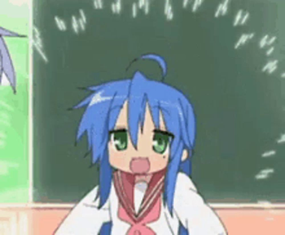 a cartoon girl with blue hair is standing in front of a blackboard with numbers on it .