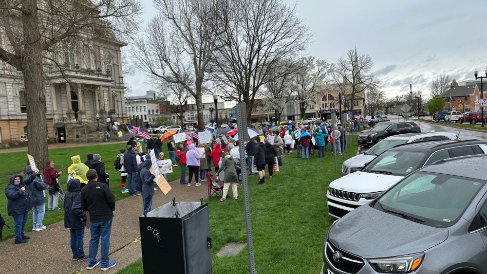 Hundreds of people attend the Hands Off rally in Newark, Ohio on April 5, 2025. There were enough protestors to surround the county courthouse.