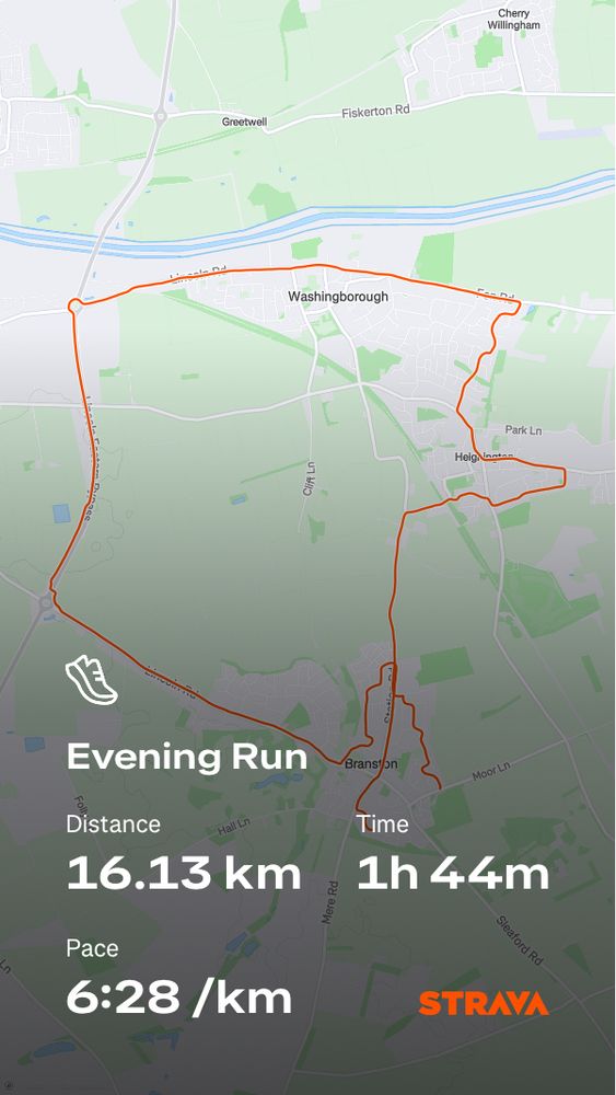Strava run
16.13 km in 1 hour 44 minutes. Average pace of 6:28 per km