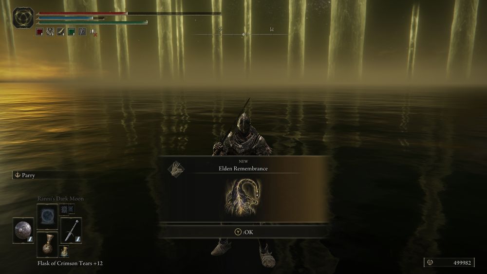 the Tarnished, clad in silver and red armor and holding the bastard sword and iron roundshield, stands at a strangely otherworldy field of water after having defeated the Elden Beast.