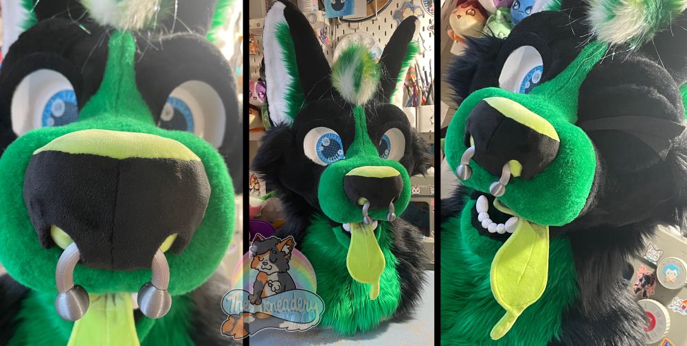 Black and green corgi fursuit head & accessories collage