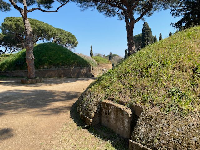 Tumuli from the Etruscan Necropolis of Banditaccia. They are made of earth and stone and cover tombs, some of which are intricately decorated. 