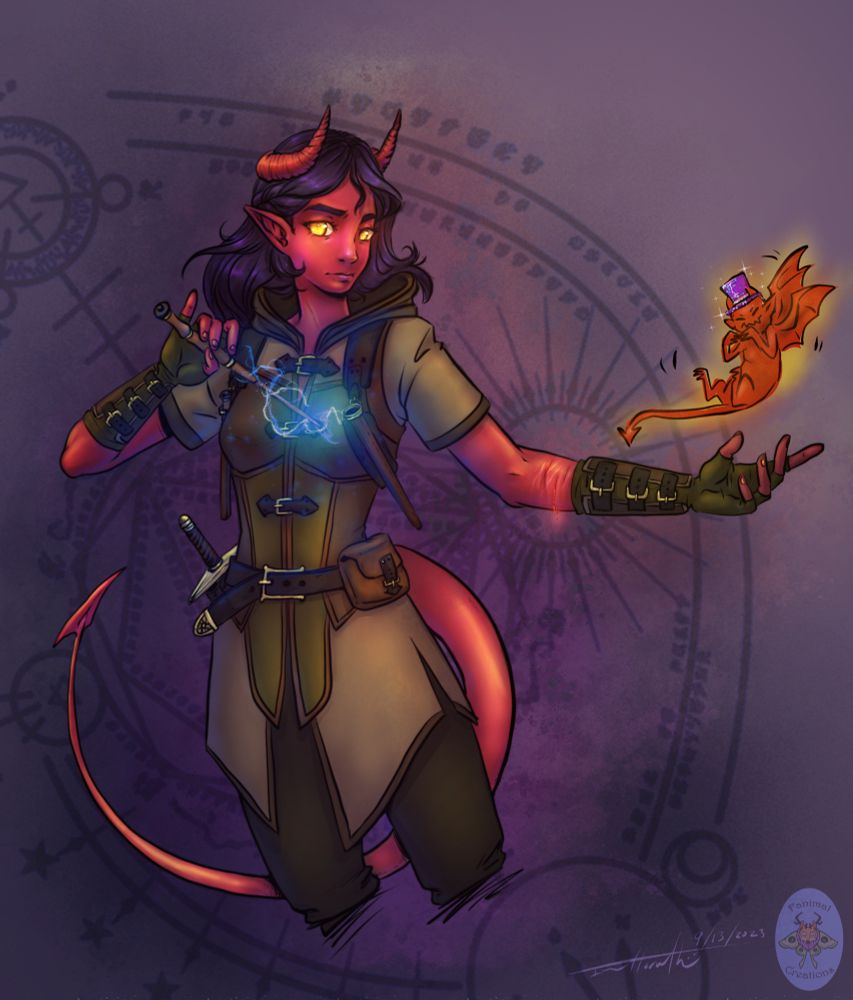 A DnD character commission from a few years ago of a red teifling woman and her imp familiar. 