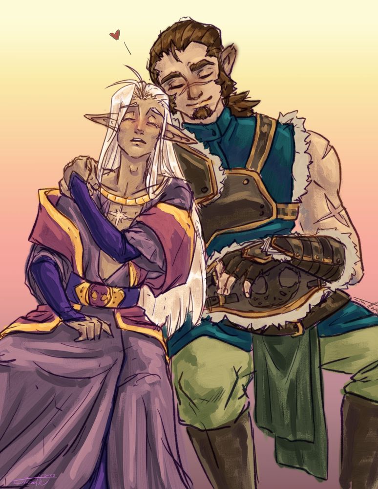A pair of elven men snuggling in a sitting position.