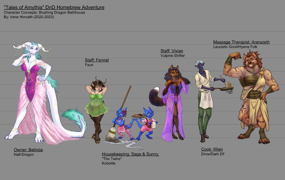 An NPC line up of employees of an inn/pleasure house called The Blushing Dragon. From left to right: a white half scaled dragon woman in a pink dress, a short satyr woman wearing sheer a green dress, a pair of blue kobolds in pink maid an butler outfits, an anthro fox woman in a purple nightgown, a drow man cooking in a pan, and a very buff lady gnoll flexing her muscles at you.