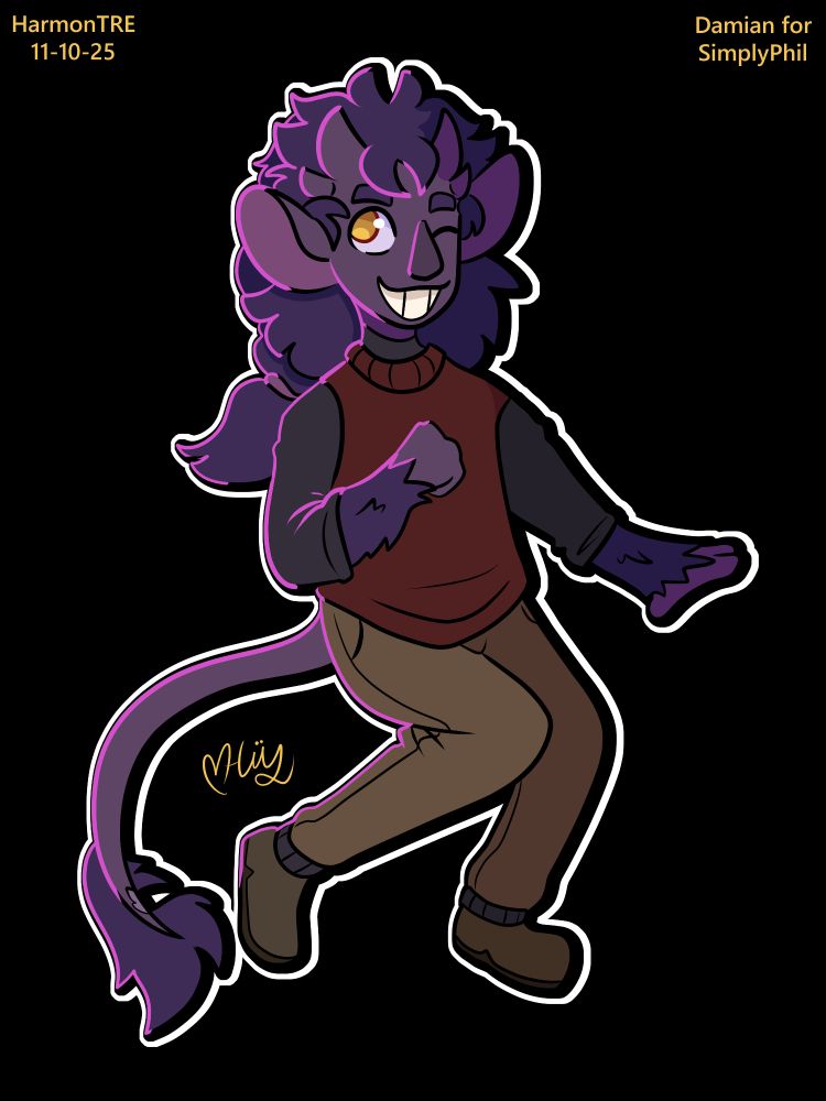A purple humanoid-creature. They're fluffy and purple, wearing a red sweater vest, purple shirt, tan pants, and brown shoes. They have big ears, two sets of horns on their head, yellow eyes, and a big grin. Their long tail has a small scar where the fur is missing.