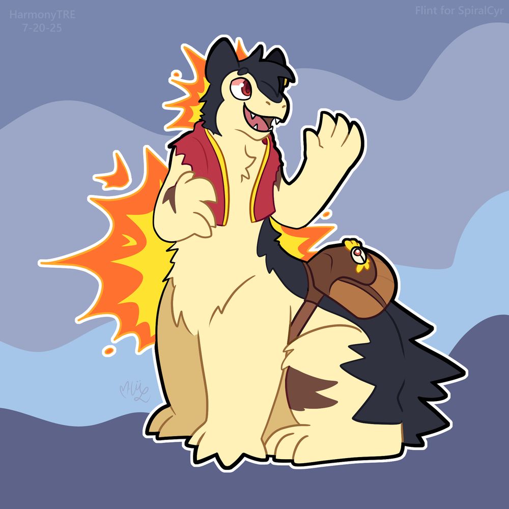 A centaur version of Quilava wearing a red and yellow vest, a bag with a pin, and with scars on the arms and legs. He waves on a grey-blue background.