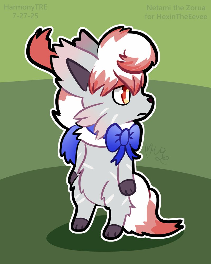 A ragged anthro Hisuian Zorua looks sadly to the side. He has a fluffy curled head tuft and wears a blue torn hood. The background is green.