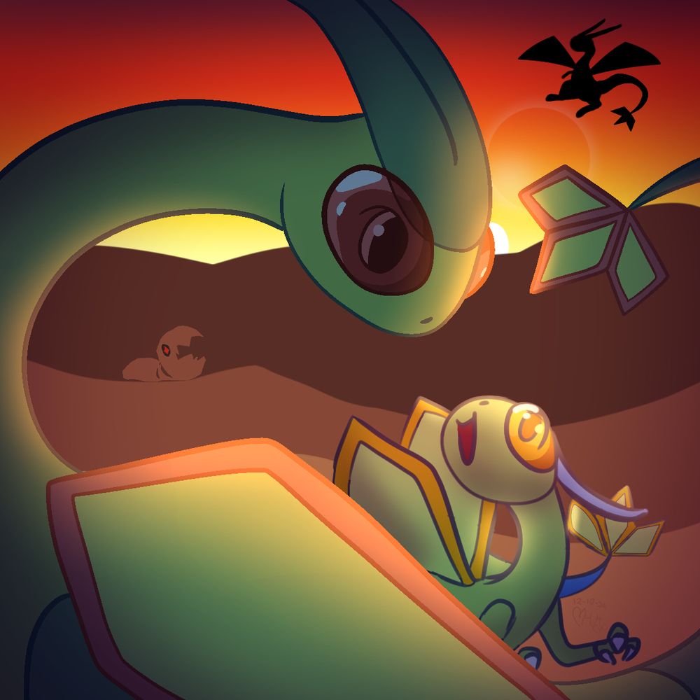 A drawing of two primarily flygon. One is big and curls around the framing of the piece, the other one is small, a shiny, and looking up at the big one. The sunset shines behind the big one and over a desert. There is also a faint trapinch and a silhouette of another flygon in the sky.