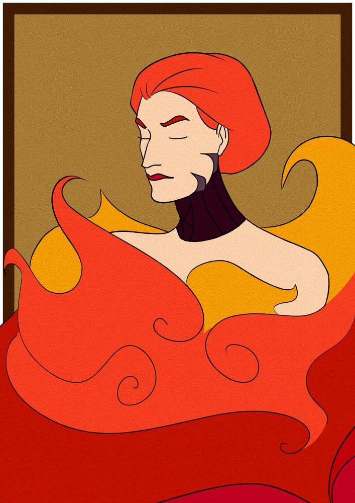 Una from The Void, consumed by flames up to her shoulders, with a neutral face, eyes closed