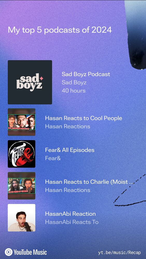 Youtube music recap: "My top 5 podcasts of 2024. 
1 - Sad Boyz Podcast 
2 - Hasan Reacts to Cool People 
3 - Fear& All Episodes 
4 - Hasan Reacts to Charlie (Moist ... 
5 - HasanAbi Reaction."