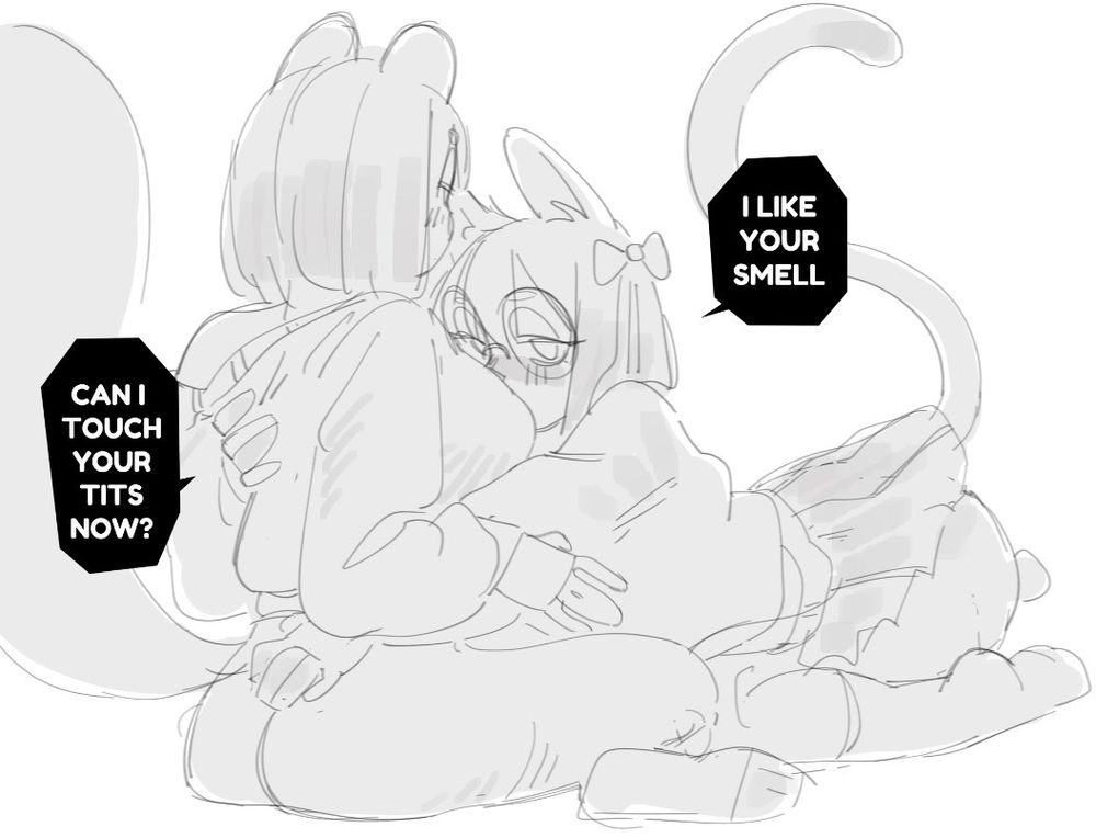 two furry girls, one is hugging the other one while pushing her face in front of her breast